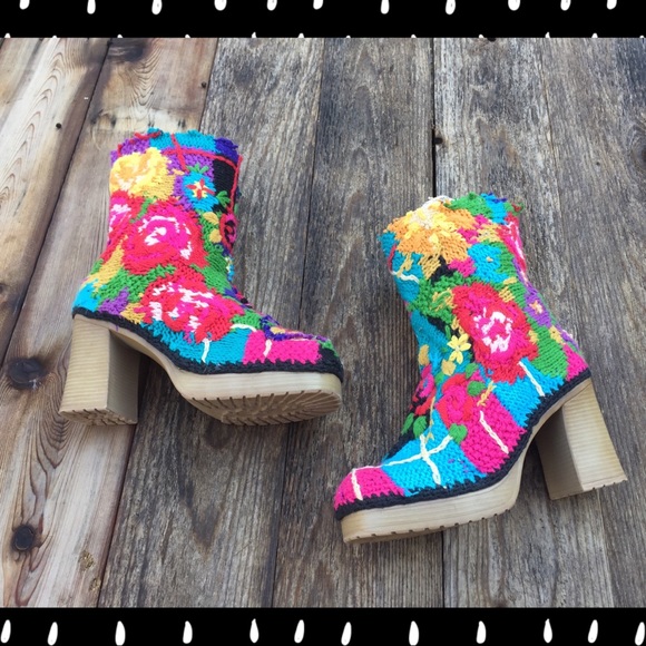 Vintage Shoes - Crochet Reconstructed Hippie Platform Boots